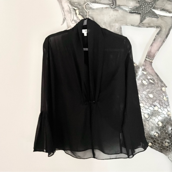 TRADITION Sheer Black Open Front 1 Button Bell Sleeve Blouse Cover Up Size 8 - Picture 2 of 8